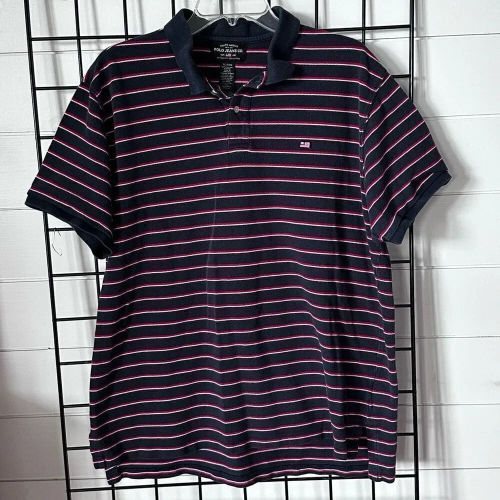 Vintage Polo Jeans Co. Ralph Lauren Polo Shirt Mens XL Blue‎ Flag Striped 90s
